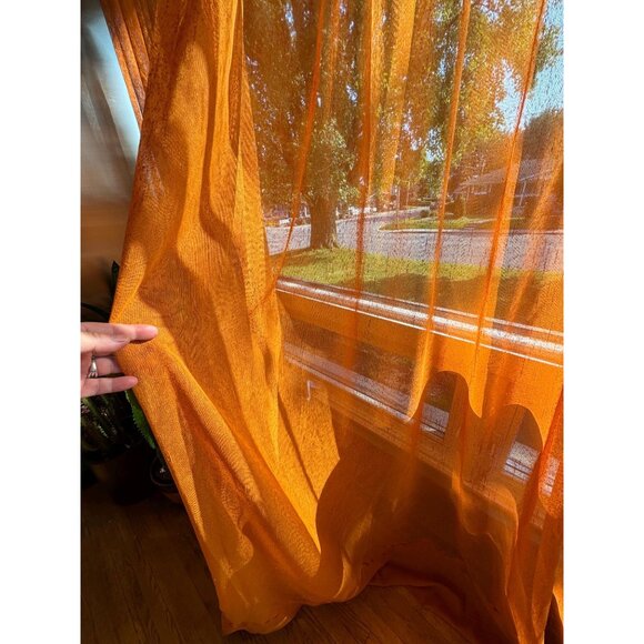 Vintage 70s curtain, orange sheer drapery, pleated - Picture 3 of 9